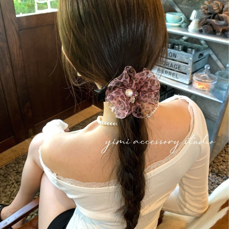 韩版新款豹纹欧根纱褶皱花朵蝴蝶结发夹弹簧夹高级感水钻发饰发夹|undefined