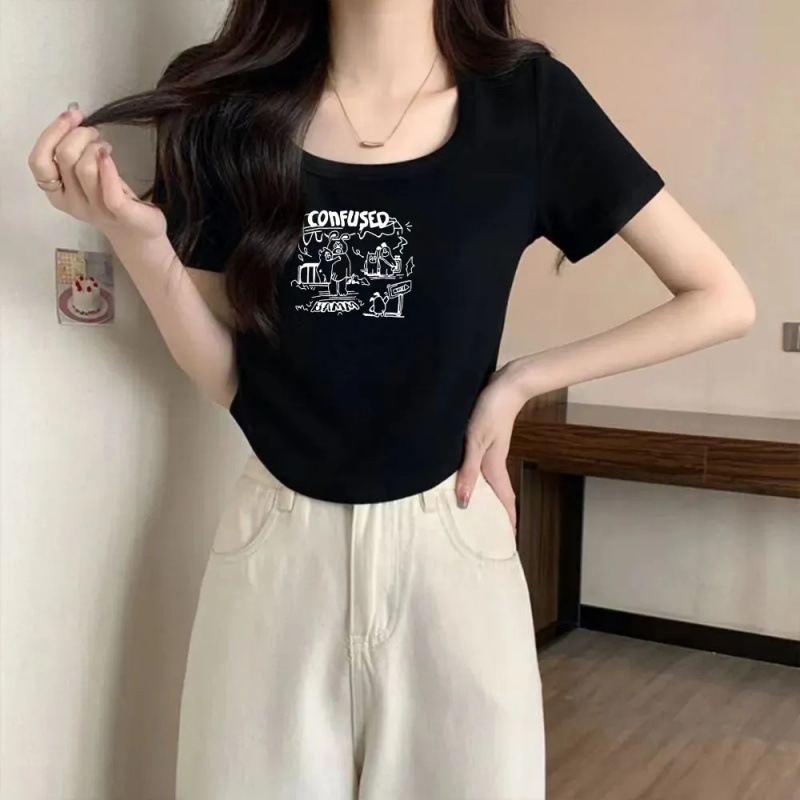 ヨーロッパ糸ラウンドネック半袖Tシャツレディース夏新作鎖骨ユニークでシックなスリムトップ半袖Tシャツイン|undefined