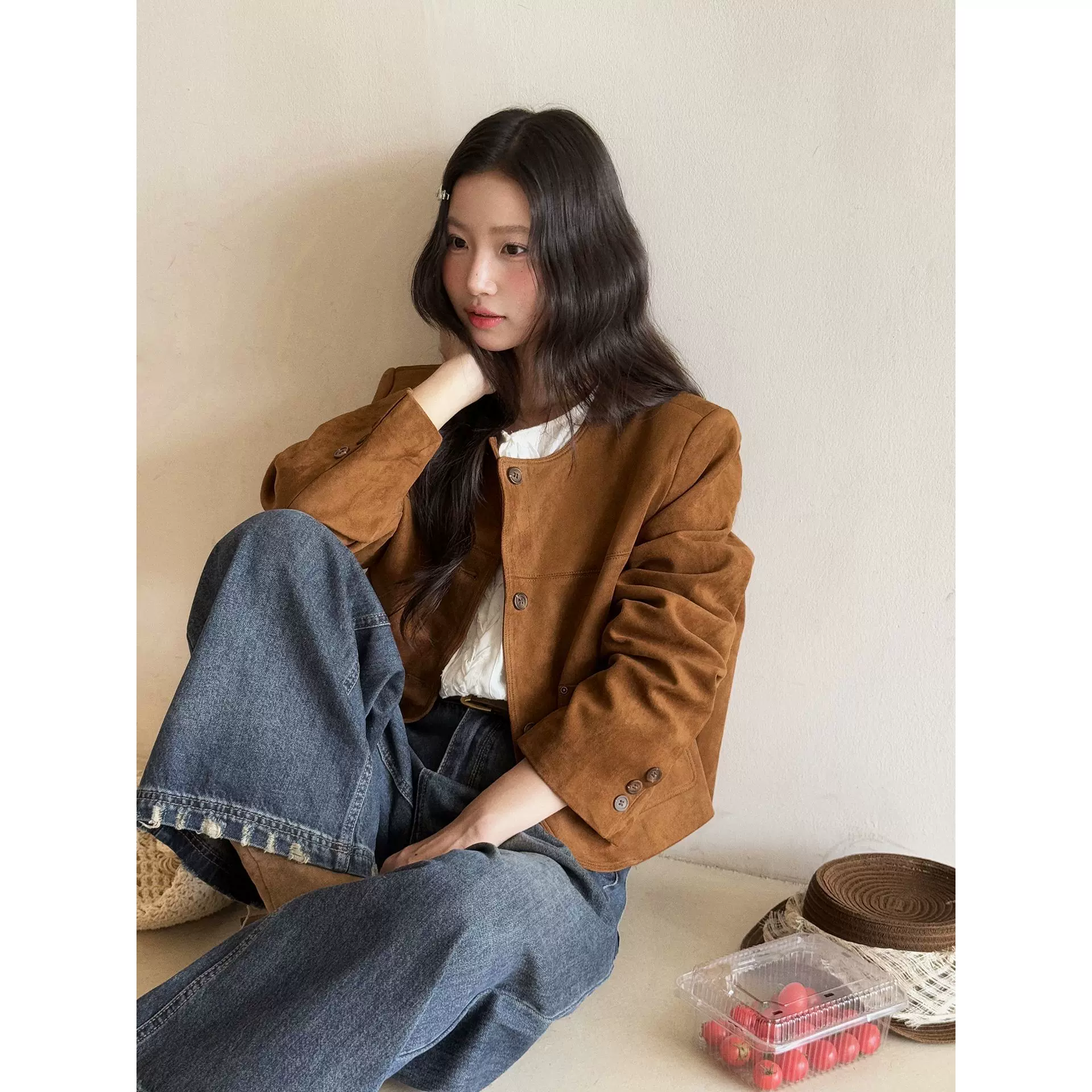 【秋日街角】歌铭美式复古仿麂皮绒短外套女装秋季圆领上衣N554C