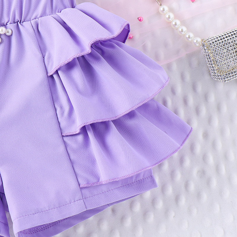 160g Weight Kids Clothing Sets Children's Clothing Type Sleeveless Sleeve Length Polyester Fabric Type Shorts Sets Sets Type 2 Pieces Set Quantity Casual, Daily Occasion Collarless Neckline Regular Fit Fit Type Solid Color Pattern 2025 Spring and Summer Season Girl'S Gender Pearl Design Simple Style Style Pink, Purple, Yellow Color Simple Style Solid Color Pearl Polyester Girls Clothing Sets 14