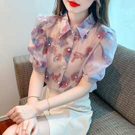 重工艺钉珠雪纺衬衫2026夏季新款气质显瘦花色上衣女甜美小衫上衣