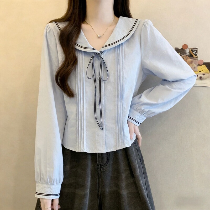 Navy blue long-sleeve women's shirt, 2026 spring new design, with bow tie, short top