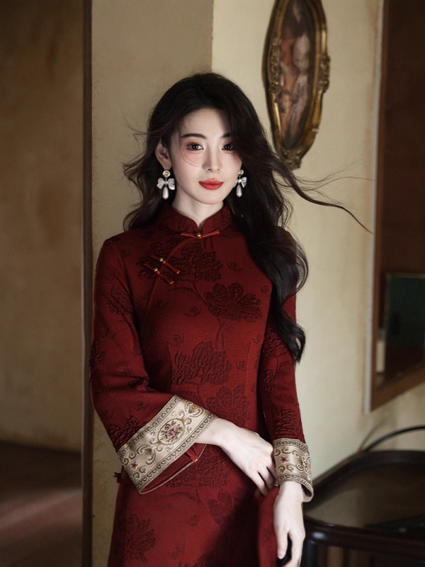 2025秋冬新款旗袍新中式酒红色复古倒大袖旗袍订婚礼服敬酒服旗袍|undefined