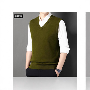 High-end pure wool thickened boys knitted vest solid color V-neck vest sweater young and middle-aged wool sweater men's wholesale