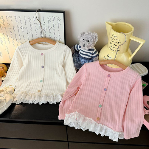 Autumn New Women and Children Lace Edge Top Children's Colorful Button Sweet Long Sleeve T-Shirt for Girls and Babies