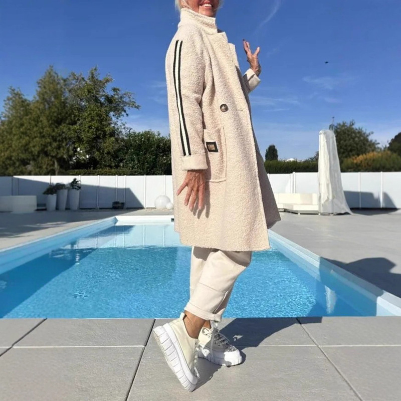 2025欧美英伦街拍女装秋冬大衣中长款加厚颗粒绒毛呢红色大衣外套|undefined