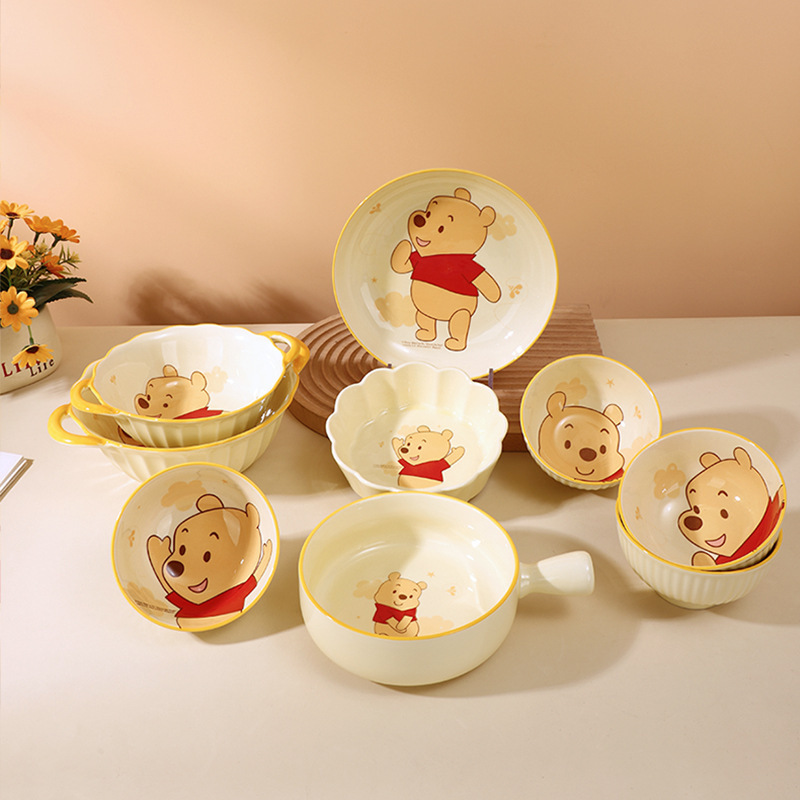 Winnie the Poole Ceramic Bowl Household Handle Bowl Children Adult Universal Tableware Cartoon Rice Bowl Soup Bowl Noodle Bowl Salad Bowl