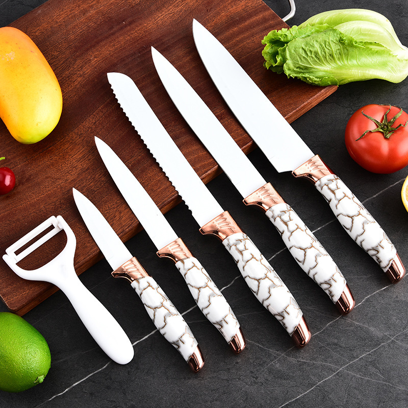 Cuchillos transfronterizos Cuchillos de cocina con cabezal de galvanoplastia doble Juego de siete piezas Base de cilindro de mármol Juego de cuchillos de chef