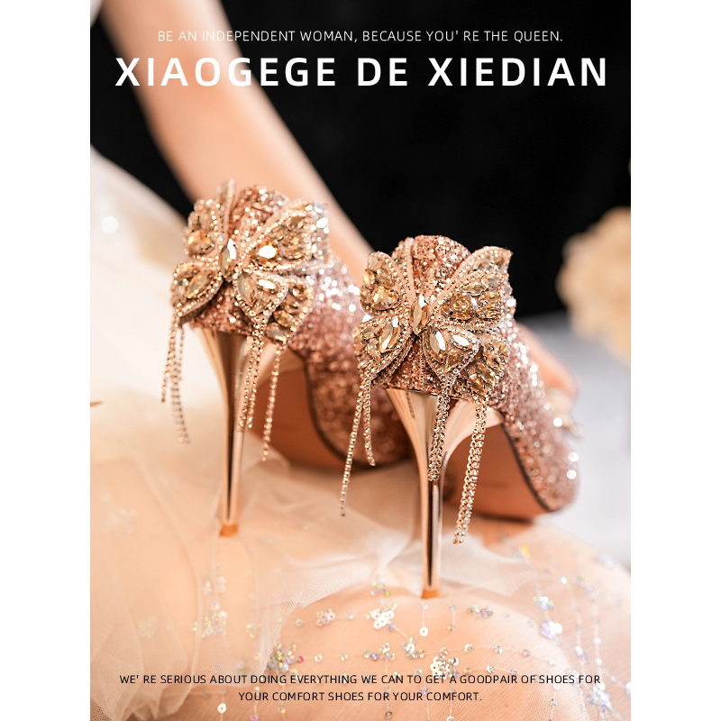 2026 Autumn and Winter New Style Bow Crystal High Heels for Women, Comfortable Champagne Color Wedding Shoes, Bridal Shoes for the Main Wedding Dress