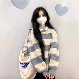 日系简约条纹奶呼呼毛衣女秋冬奶系外穿宽松慵懒风软糯针织衫上衣