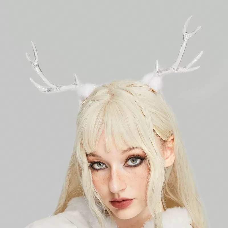 原创汉服透明鹿角头饰 写真麋鹿发饰圣诞节可爱真毛毛球小鹿发夹