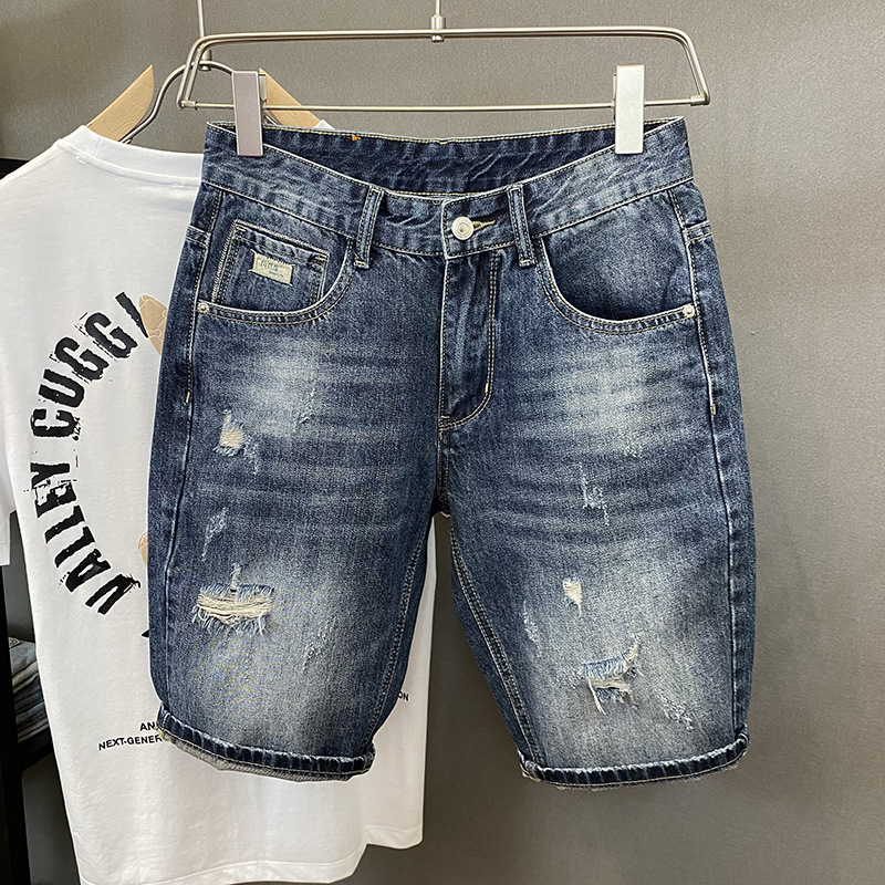 Men's Retro Ripped Denim Shorts Lightweight Summer Trendy Street Style Loose Fitting Straight Leg Five Point Pants_mkmklike.com