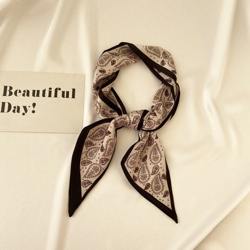 French Retro Cashew Flower Small Silk Scarf Korean New Style Diagonal Small Collar Scarf Spring Autumn Elegant Women Binding Scarf with Tassels Hairband