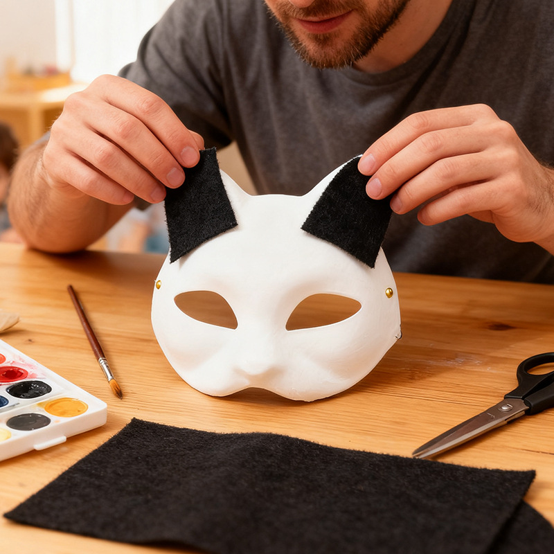 Máscara de pulpa blanca DIY transfronteriza mitad cara cara de gato cara de zorro máscara de terciopelo decoración de cabeza de bestia máscara de pintura a mano