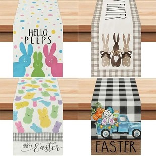 Cross-Border Linen Table Runner Easter Bunny Decorative Printed Tablecloth Kitchen Entryway Tablecloth Cross-Border Hot Sale
