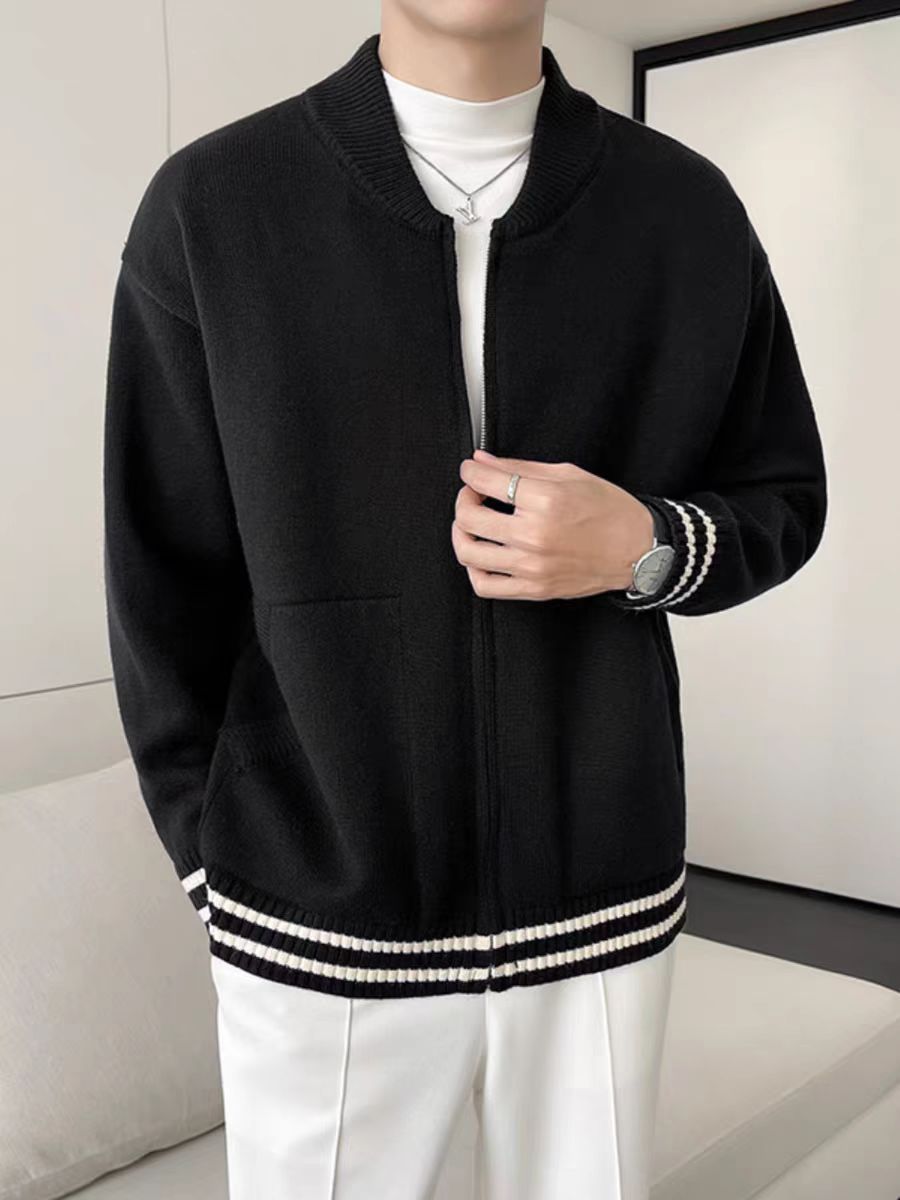 Cardigan da uomo a righe con zip per autunno inverno_voghion.com