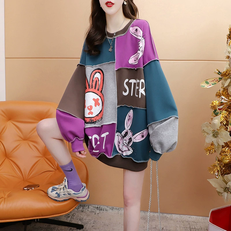 Женский свободный свитер в ленивом стиле средней длины с мультяшным рисунком, повседневный дизайн в западном стиле, контрастный цвет, шитый с круглым вырезом, Топ