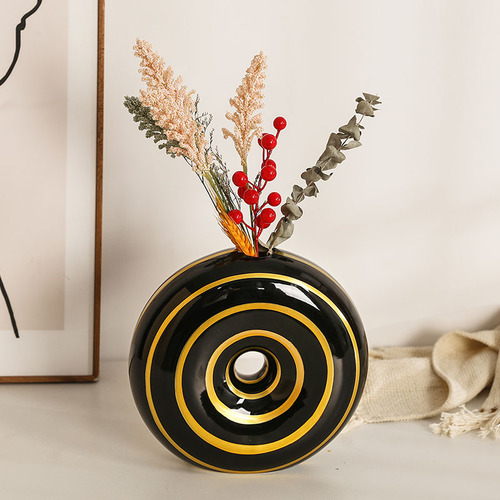 European-style minimalist black and white striped ceramic vase decorative round mouth flower holder creative living room dining room soft decoration item