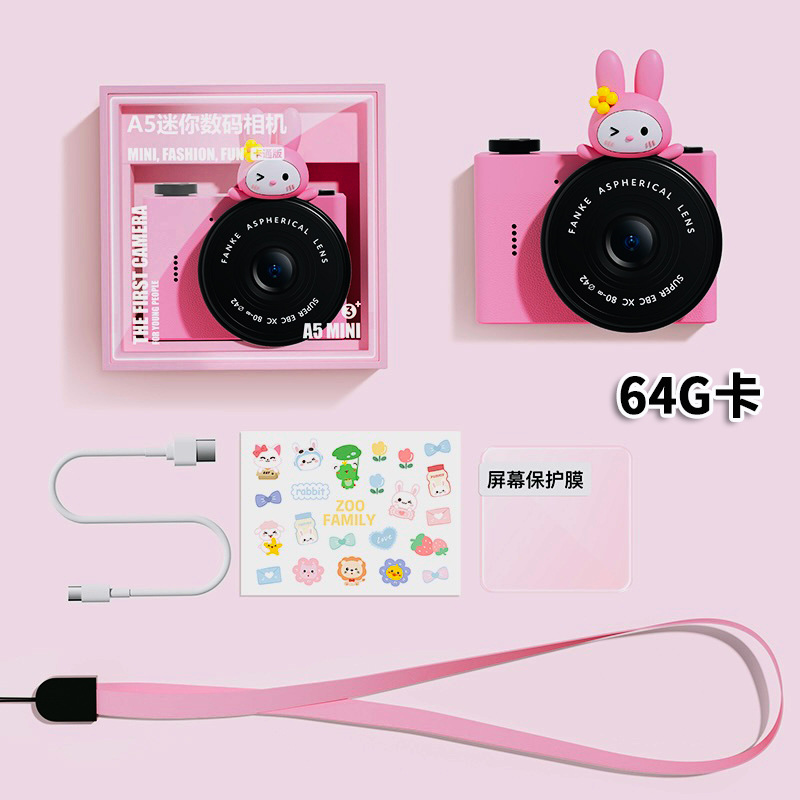 Cámara de estudiante de dibujos animados para niños A5 Cámara de bolsillo portátil de doble cámara delantera y trasera Mini cámara digital Regalo del día de los niños