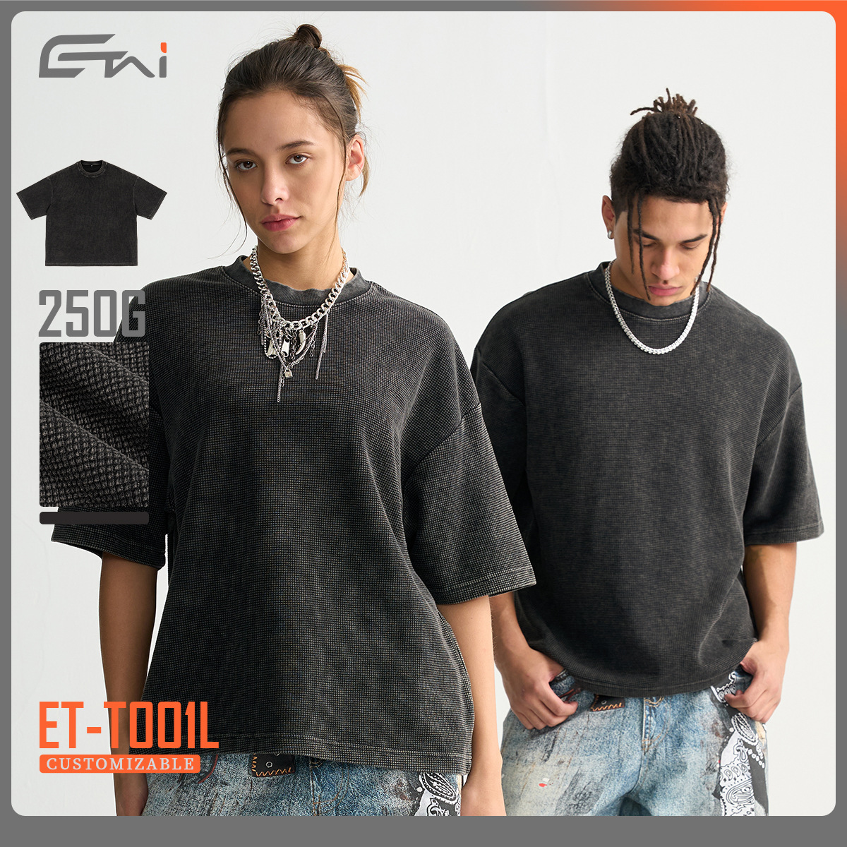 ETAI Hombre| Camiseta de alta calidad retro lavable Waffle color frito camiseta de moda corta suelta camiseta hombre image 1