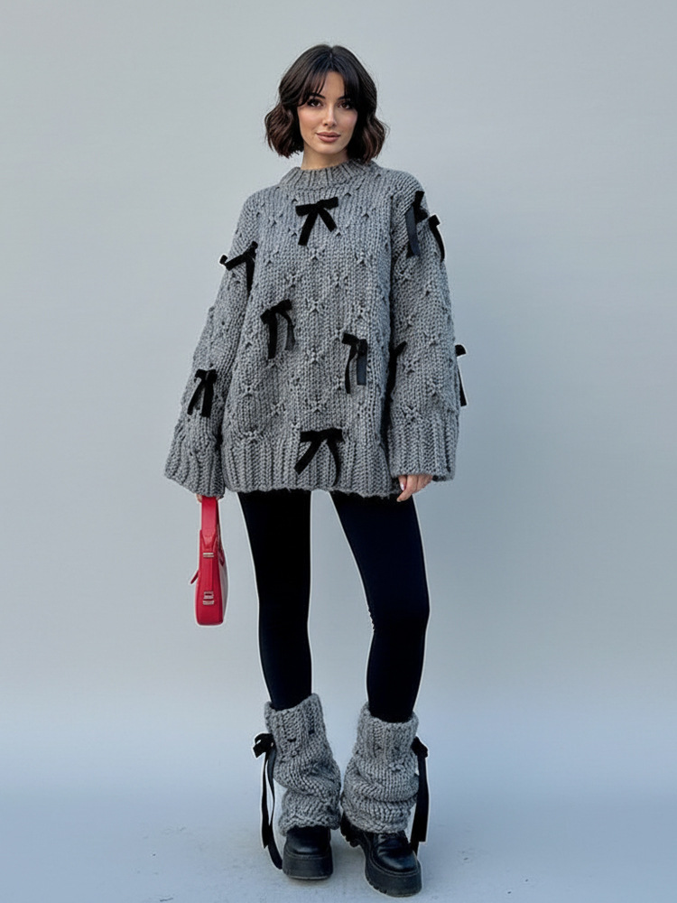 Moda gris cuello redondo arco adornado manga larga suéter blusa 2026 otoño invierno nuevo estilo europeo y americano transfronterizo image 1