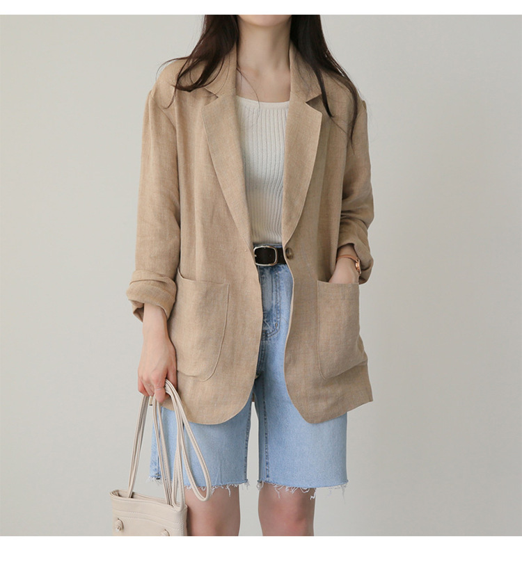 2026 Spring/Summer Korean New Herringbone Linen Loose Simple Women's Long Sleeve Casual Blazer_ecoleips.com