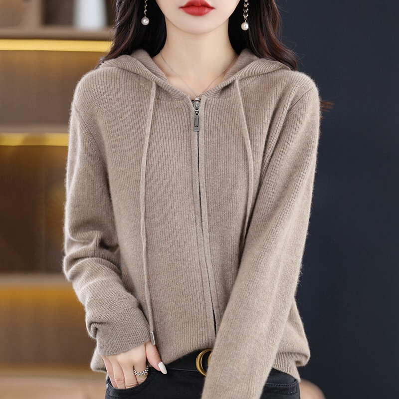 2025 New Knitted Sweater Hooded Sweater Zipper Jacket Cardigan Spring and Autumn Top Hooded Knitted Sweater Women's Sweatshirt