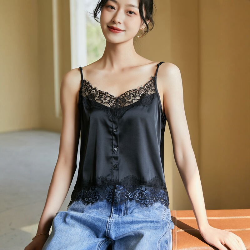 French Lace Camisole Women's Summer Sexy V Neck Acetate Satin Inner Wear Loose Bottoming Top