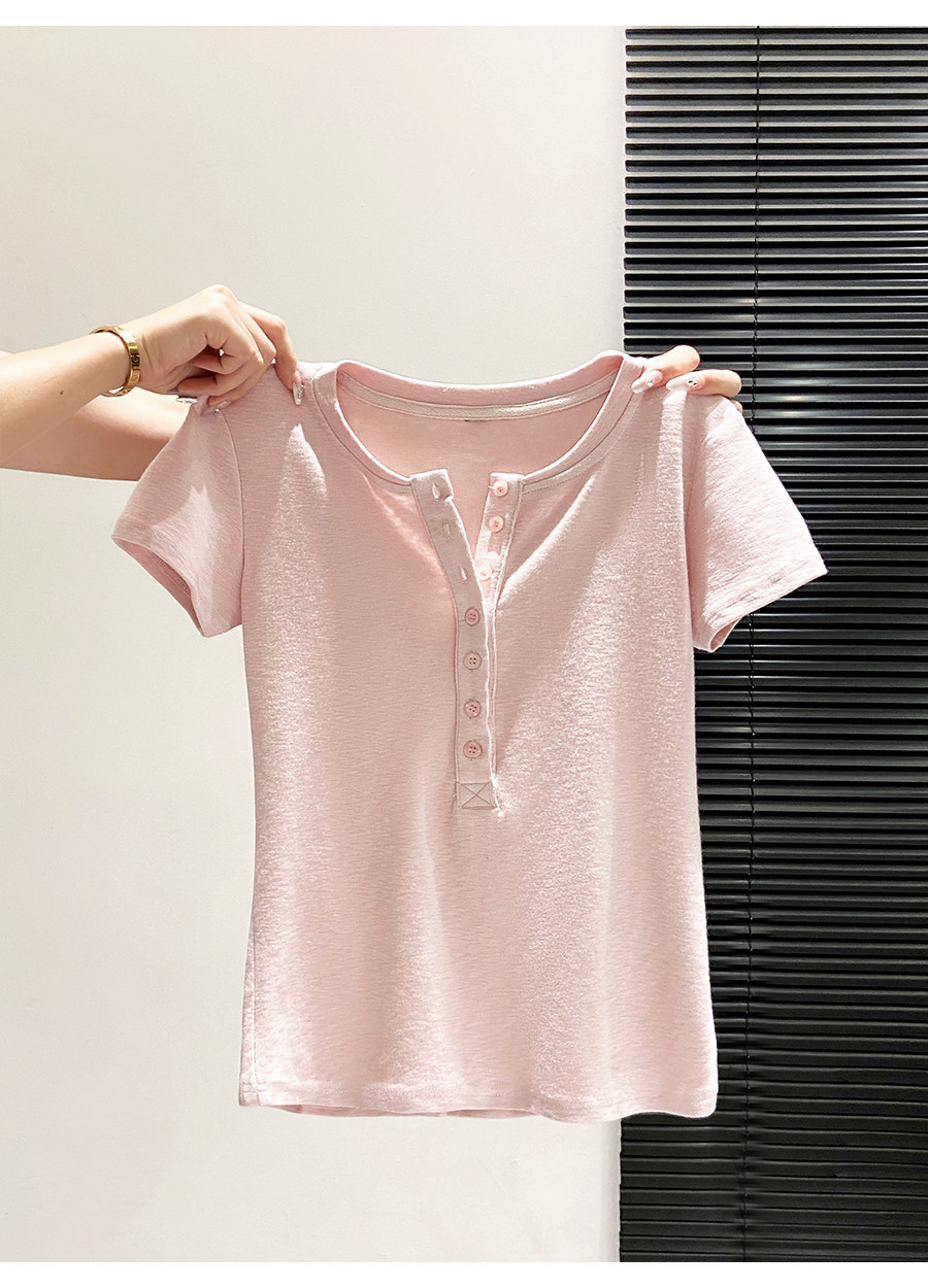 Áo thun nữ cổ bán mở tay ngắn phong cách Hàn Quốc, thiết kế đơn giản tôn dáng — màu đen chi tiết 8