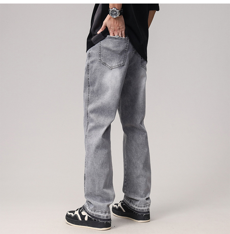 2023 Spring/Summer new solid-color jeans for men, washed light gray distressed pants with frayed edges, American straight-leg pants pic 16