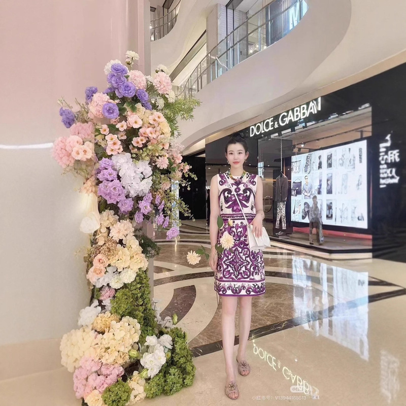 Retro Purple Pottery Glazed Cotton Silk Jacquard Sleeveless Dress Women's High-Waisted Slim Elegant A-Line Banquet Dress