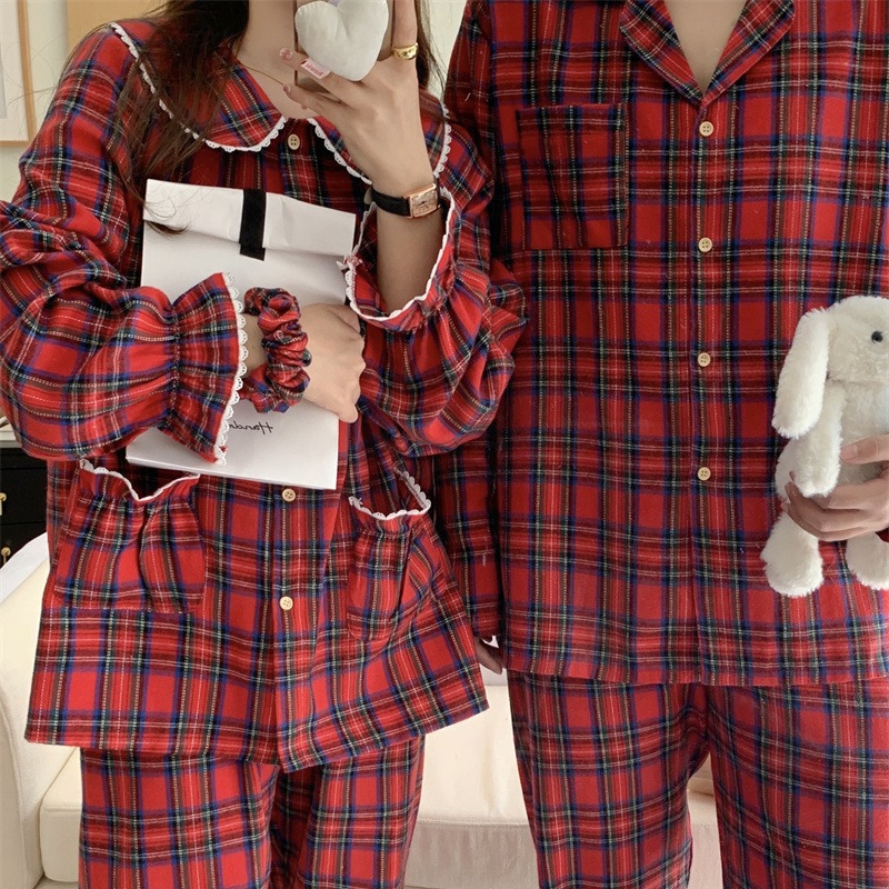 한국 인 크리스마스 레드 커플 격자 무늬 레이스 인형 칼라 파자마 느슨한 긴팔 홈 의류 헤어 밴드 세트