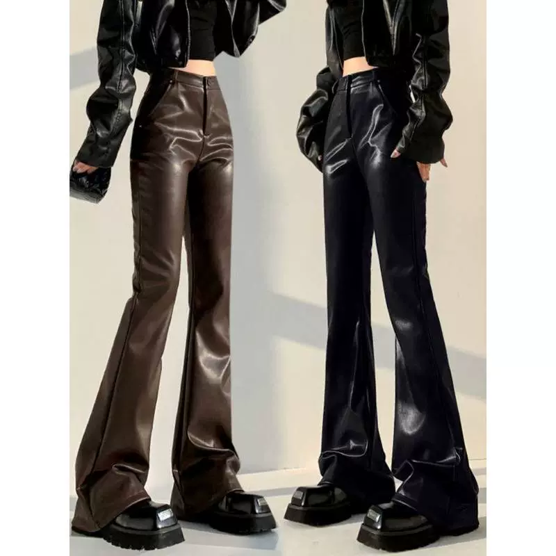 Кожаные брюки больших размеров, расклешенные брюки для женщин, новинка 2025 года, весенне-осенние утягивающие брюки из искусственной кожи с высокой талией, стильные повседневные брюки длиной до пола