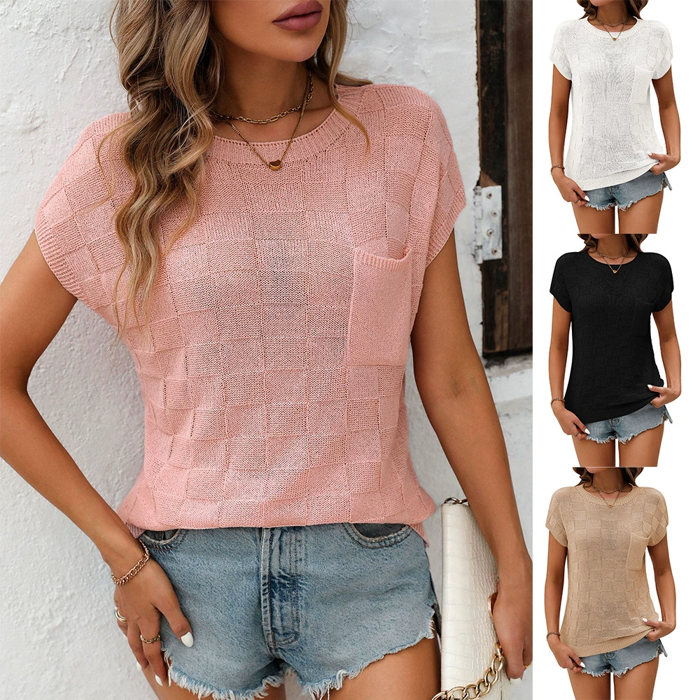 2024 новый стиль трансграничная европейская и американская женская амазонка дамы с круглым вырезом в клетку карман декоративный топ с короткими рукавами свитер