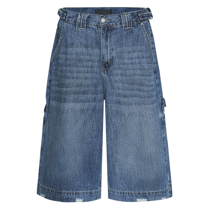 2025 New Blue Summer Ripped Jeans Men's American Street Straight Student Personalized Cropped Pants