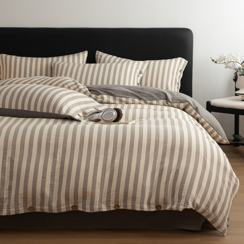 Cotton Linen Bedding Set Striped Plaid Four Piece Sheet Set_voghion.com