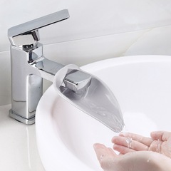 Child-friendly extended faucet adapter with extended water guide for elongated handwashing faucet water guide