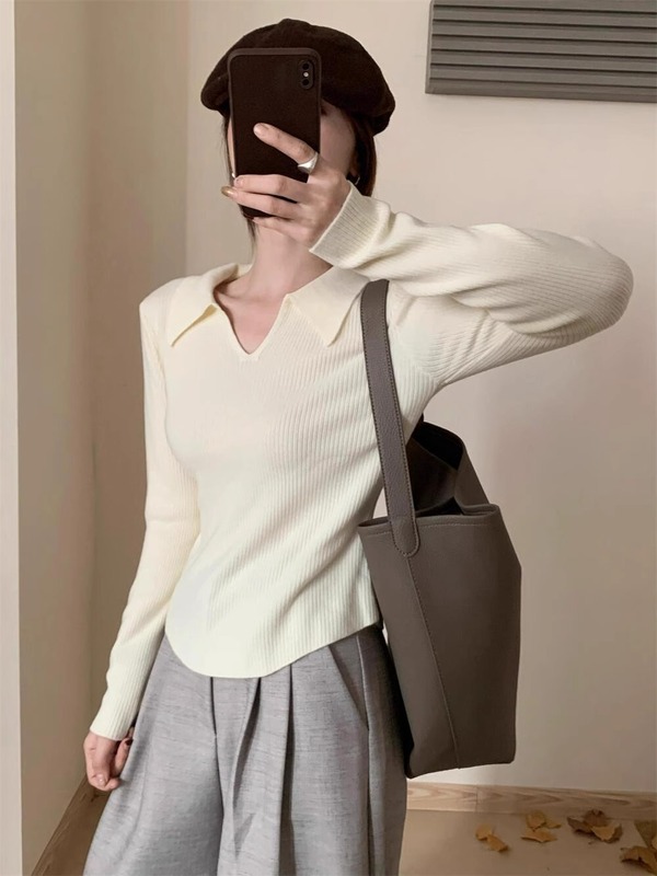 polo领深灰色打底衫女装秋季v领针织毛衣内搭修身显瘦高级感上衣|undefined