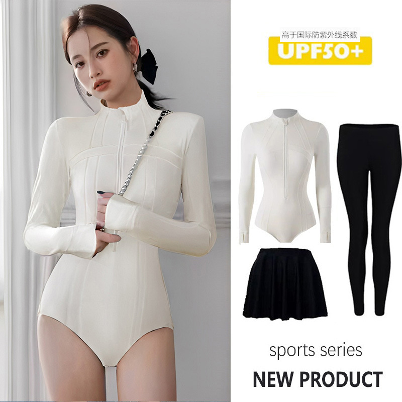 尾波冲浪高领泳衣女长袖长裤专业防晒UPF50+连体速干潜水服水母衣|undefined