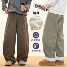 分割打褶加绒棉裤男秋冬新款日系宽松弯刀休闲裤潮牌宽松微阔长裤