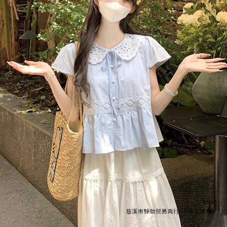 French-style lace sweet top with short sleeves, 2026 summer new model, doll collar, petite and stylish dopamine shirt French-style lace sweet top with short sleeves, 2026 summer new model, doll collar, petite and stylish dopamine shirt