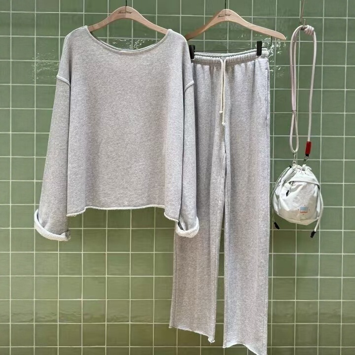 @Mv Lazy Style Solid Color Loose Casual Suit for Women New Irregular Terry Sweatshirt