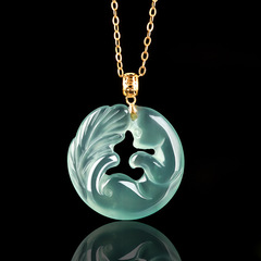 Natural A-grade Jadeite Blue Water Nine-Tailed Fox Pendant with 18K Gold Setting, Ice Type Pendant, Fashionable Women's Jade Charm