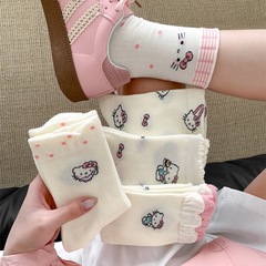 *可爱kitty*春夏纯棉可爱卡通猫咪袜子女蝴蝶结花边中筒袜堆堆袜