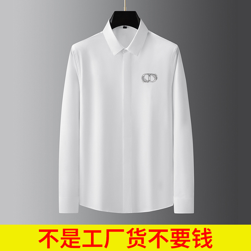 Light Luxury Trendy Embroidered Silver Cd High-End Non-Ironing Classy Pure Color Men's Long-Sleeved Shirt Versatile Pure White Men's Shirt