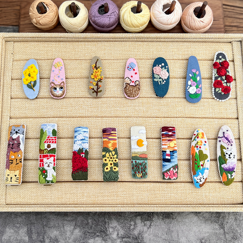 Lu bordado lindo gato perla coreano pinzas de pelo hechas a mano diy bordado creativo para chicas rotas flores pinzas de pelo lateral