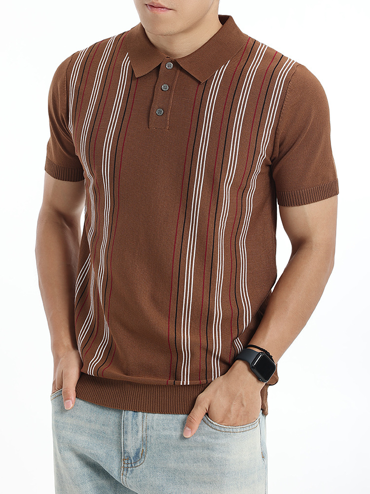 Europa y Estados Unidos trajes de hombre de hielo rayas con cuello polo camisa de hombre ligera de negocios casual de manga corta camisa de punto Paul hombre