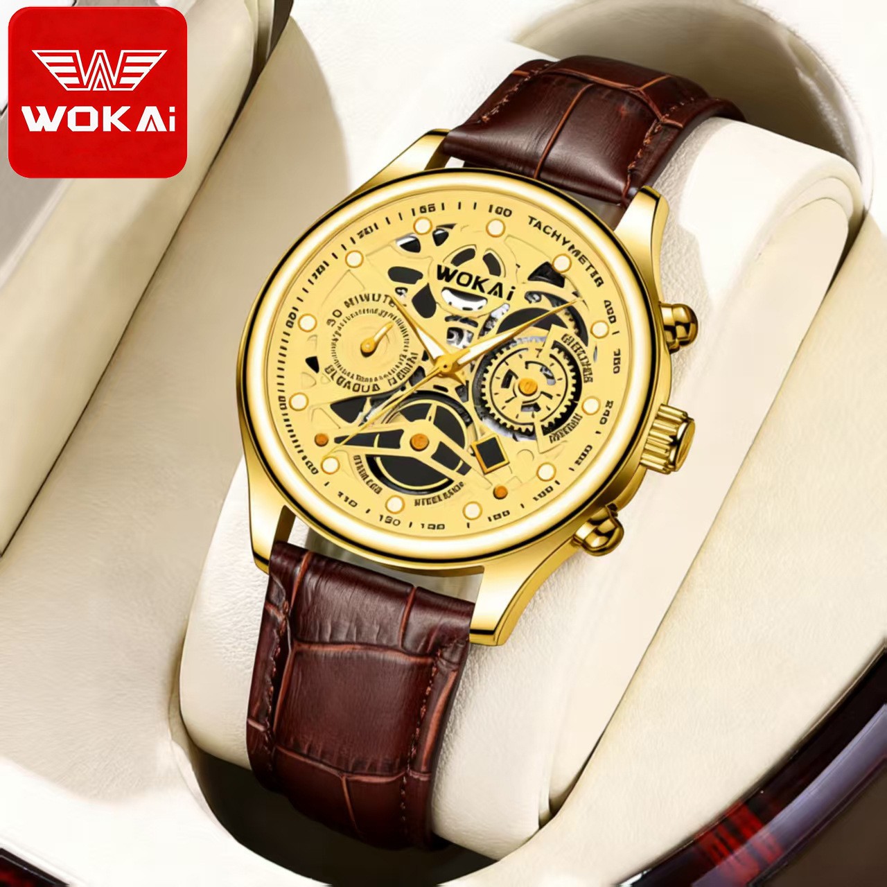 2025 New Model Wokai Business Watch Quartz Sports Watch Casual Leather Strap Men's Watch in Stock