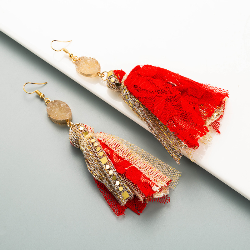 Bohemian Lace Tassel Long Cloth Earrings display picture 3