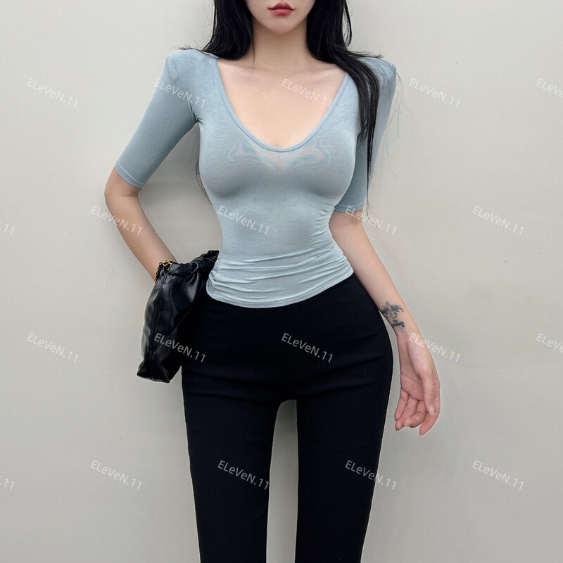 版型很顶~热辣紧身薄款微透露锁骨打底上衣显瘦纯色正肩短袖T恤女|undefined